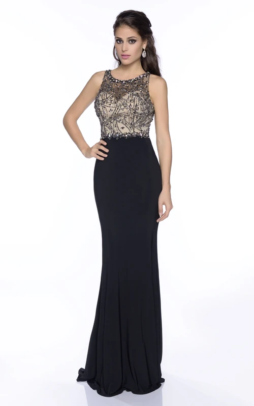 Vestido de fiesta ajustado sin mangas de jersey con corpiño de pedrería y espalda con abertura en forma de ojo de cerradura.