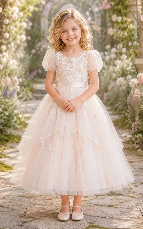 Flower Girl Dress Ivory Lace Tulle A-Line Short Sleeve Scoop Neck Tea Length