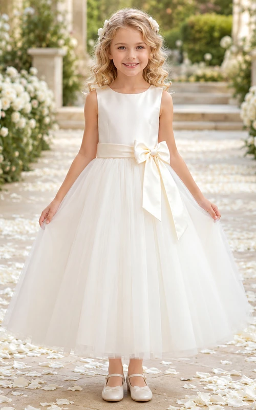 Blumenmädchenkleid aus elfenbeinfarbenem Tüll, A-Linie, Rundhalsausschnitt, knöchellang, mit Schärpendetails