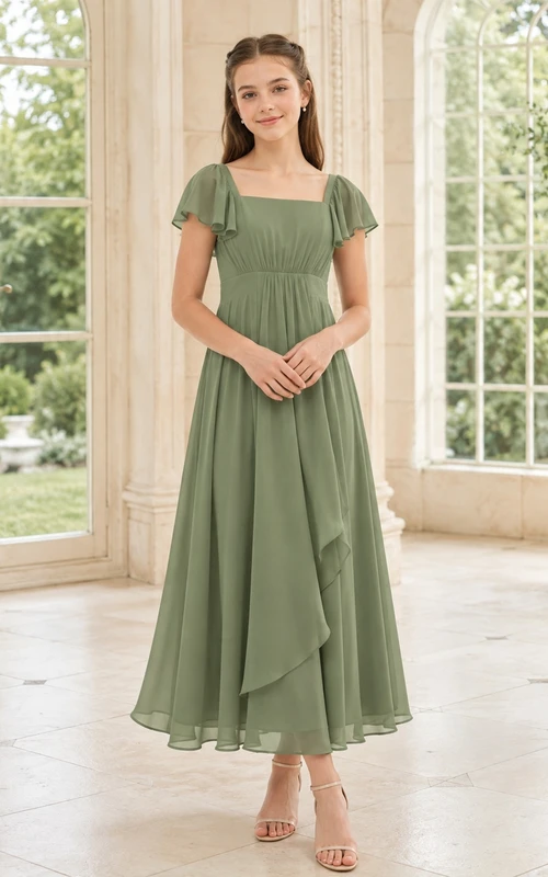 Vestido de dama de honor juvenil verde albahaca, corte en A, largo hasta la rodilla, manga corta cuadrada, estilo romántico formal con volantes.