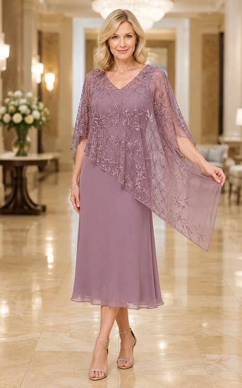 Mauve Tea-Length Mother Dress with Lace Poncho Overlay