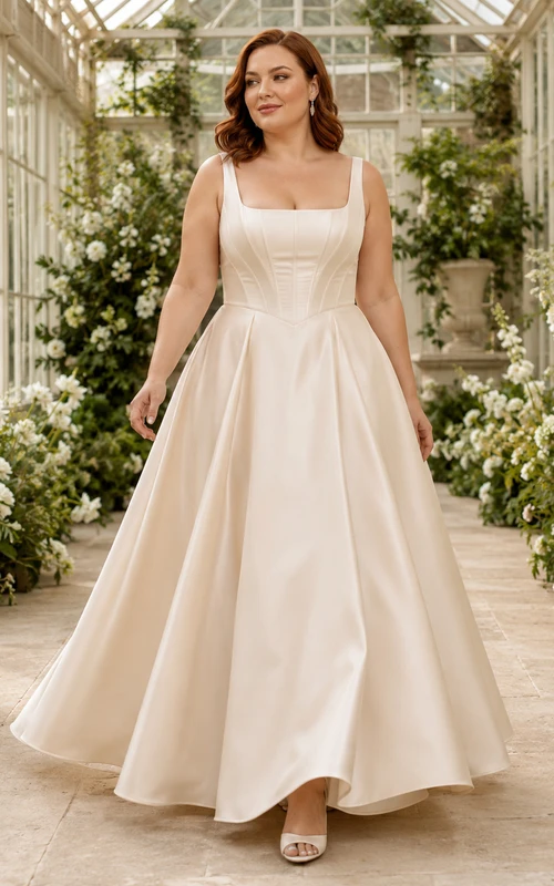 Robe de mariée longue en satin à col carré et col rond