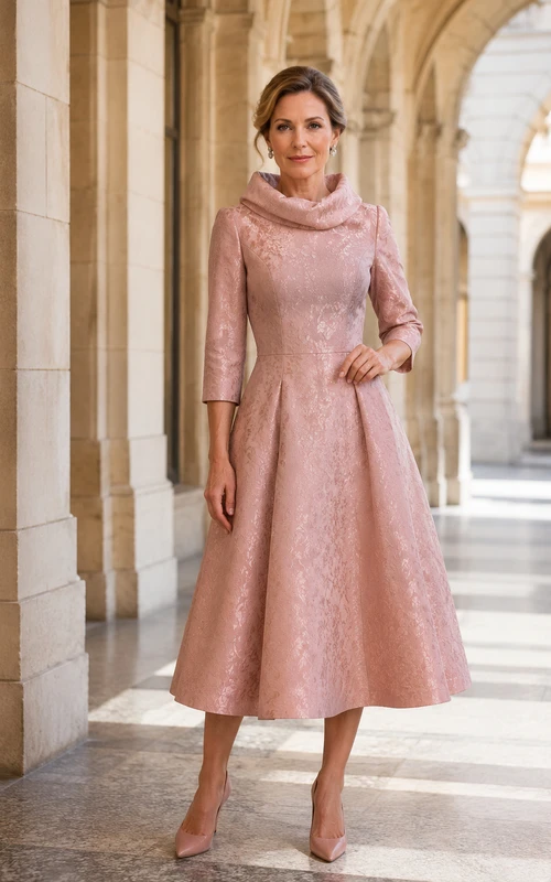Robe de mariée en taffetas rose poudré et dentelle, coupe trapèze, manches 3/4, col bénitier, longueur thé, plissée