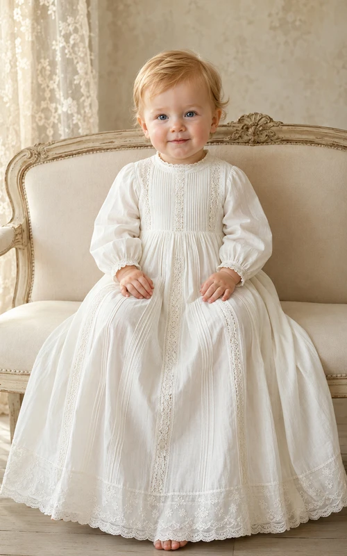 Elfenbeinfarbenes, langärmeliges Taufkleid aus Spitze mit Biesen für Jungen