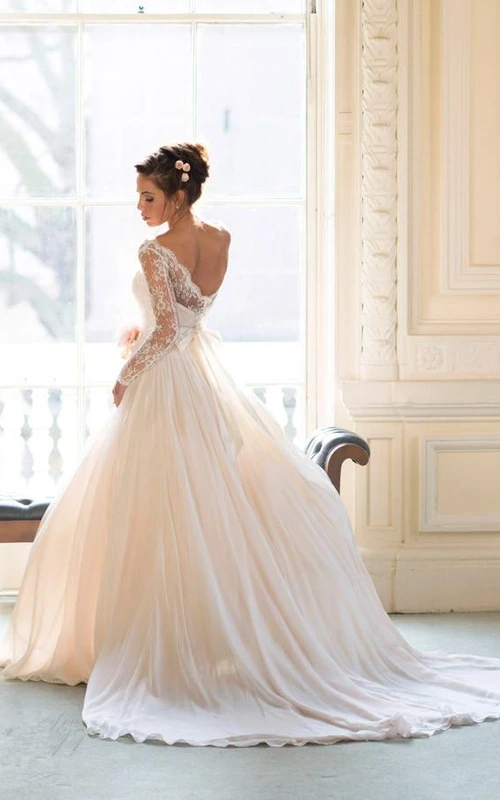 Elegantes vestidos de novia de encaje de manga larga estilo princesa, vestidos de novia de gasa