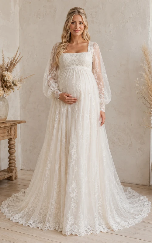 Maternity Bohemian Square Neck Long Poet Sleeve Lace Empire Sweep Train Wedding Dress