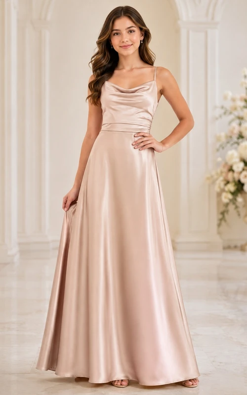 Vestido de dama de honor juvenil color champán, corte en A, escote drapeado, sin mangas, satén de lujo.