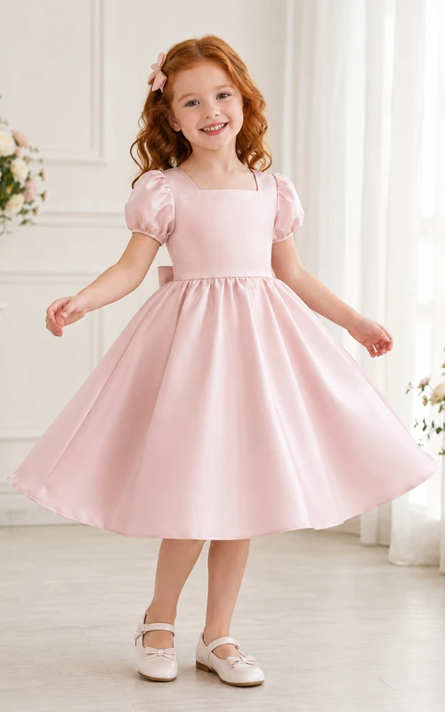 A-Line Flowergirl Satin Tea-Length Puff Sleeve Pink Minimalist Wedding Dress with Bow Back