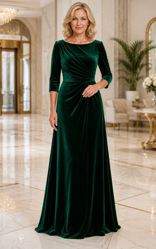Dunkelgrünes Samtkleid in A-Linie mit 3/4-Ärmeln
