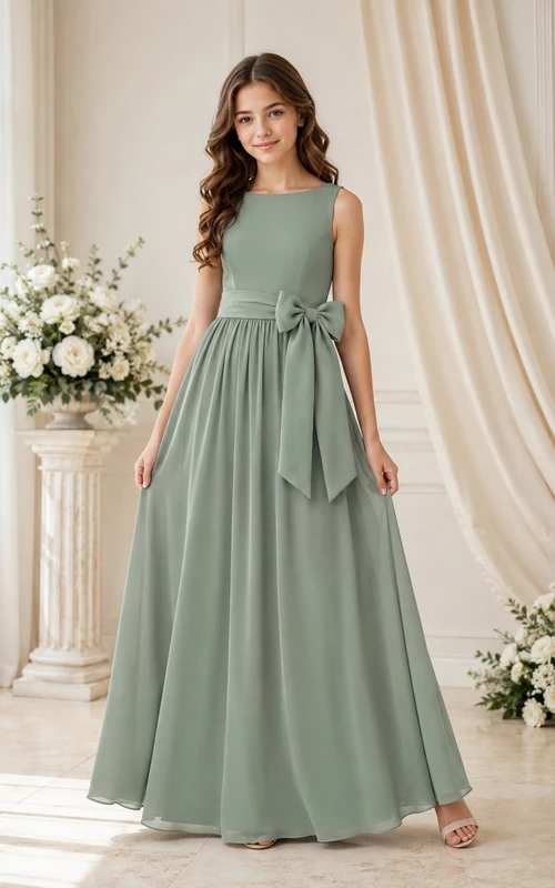 Vestido de dama de honor juvenil color celadón, corte en A, sin mangas, de gasa, con lazo en la cintura, estilo romántico.