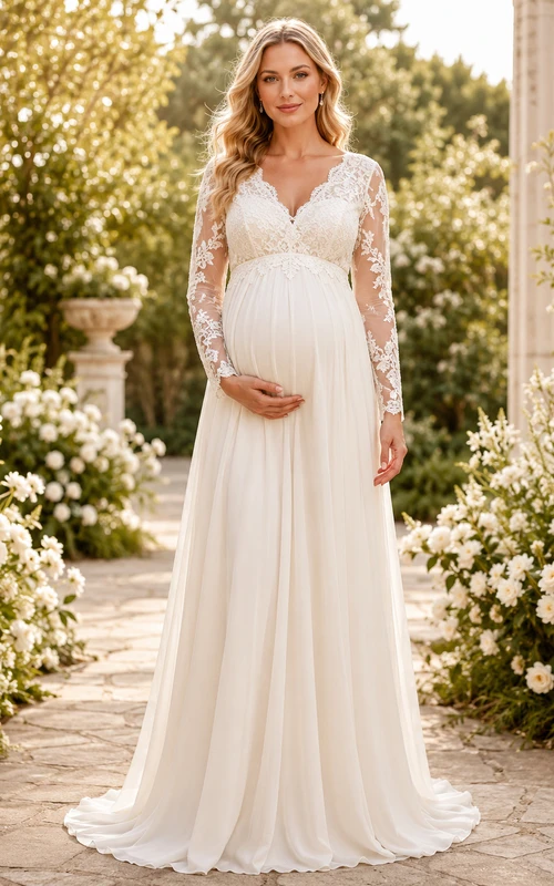 Robe de mariée en mousseline et dentelle style empire, col en V, manches longues, longueur au sol, idéale pour la plage.