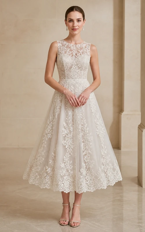 Vintage Teelänge A-Linien-Kleid mit hohem Kragen und Spitzenapplikationen für standesamtliche Hochzeiten