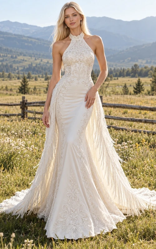 Western Country Halter Mermaid Floral Lace Fringe Train Wedding Dress