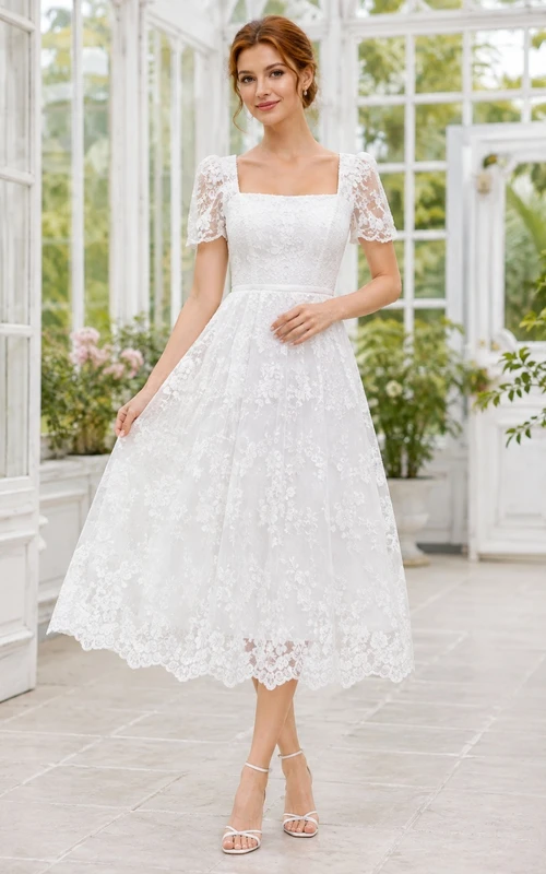 Vintage Square Neck Short Sleeve Lace A-Line Tea-Length Civil Wedding Dress