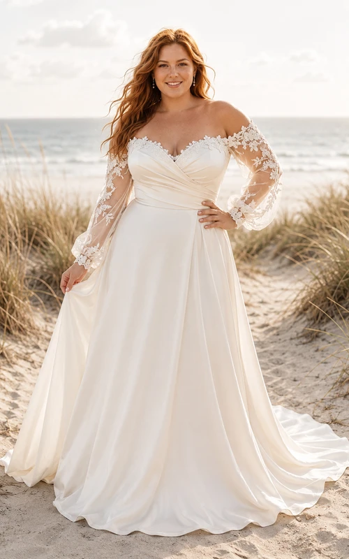 Robe de mariée grande taille ivoire en mousseline de soie, coupe trapèze, épaules dénudées et manches en dentelle