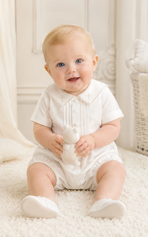 White Cross Sailor Collar Pintuck Short Sleeve Christening Romper for Baby Boy