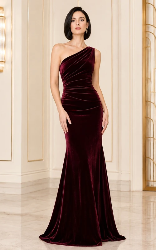 Burgundy Velvet One-Shoulder Sleeveless Mermaid Floor-length Formal Dress