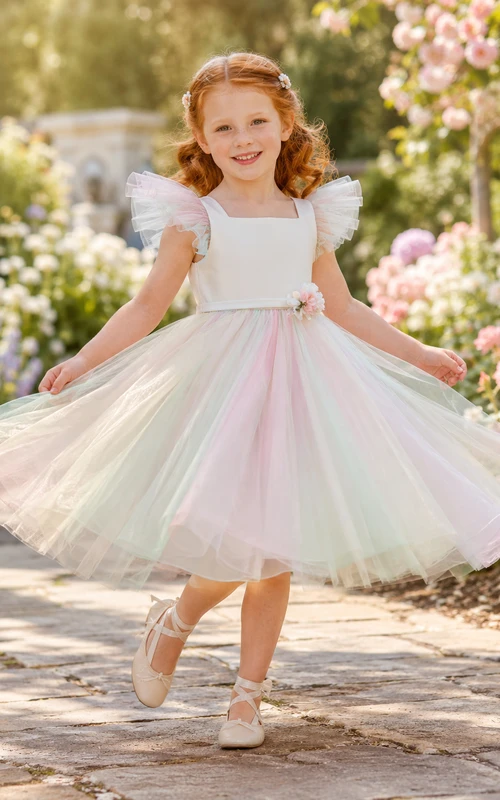 Adorable vestido de niña de flores de tul opalescente con corte en A, mangas de pétalo, cuello cuadrado, largo hasta la rodilla y brillo arcoíris.