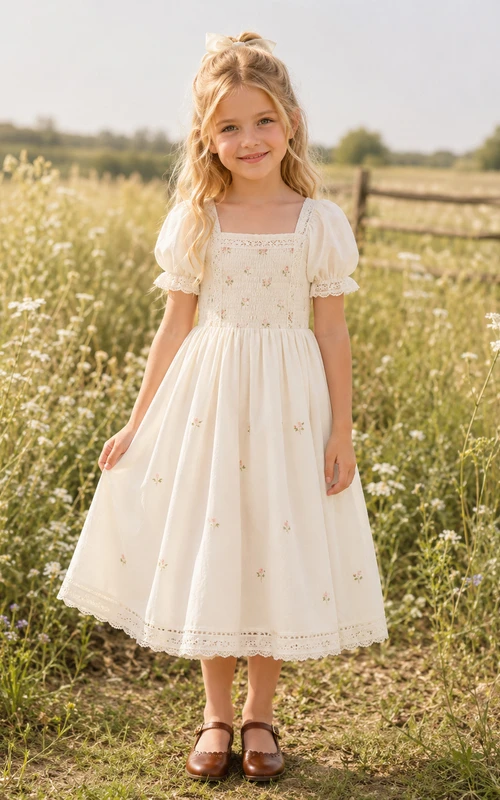 A-Line Flowergirl Tulle Tea-Length Puff Sleeve Prairie Wedding Dress