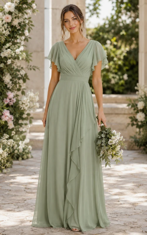 Vestido de dama de honor de gasa con escote en V, volantes y corte en A, color verde salvia.