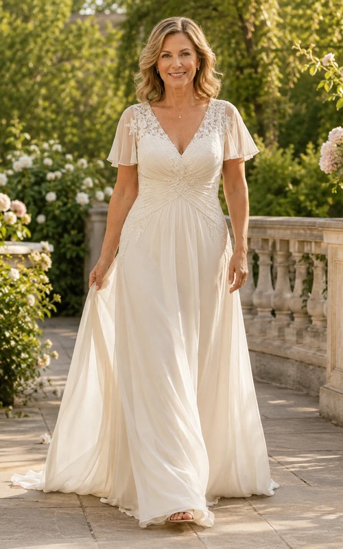 Romantic V Neck Chiffon Wedding A Line Empire Flutter Sleeve Sweep Train