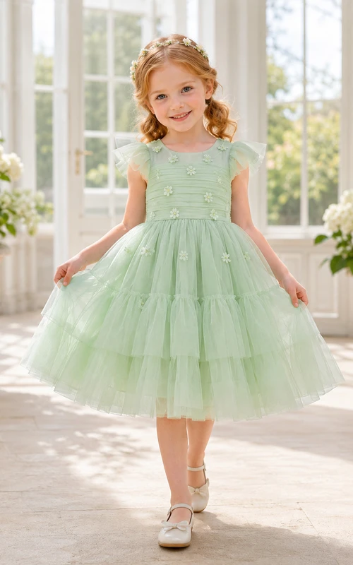 Robe de demoiselle d'honneur vert menthe en tulle superposé, coupe trapèze, manches pétales, appliques florales et volants