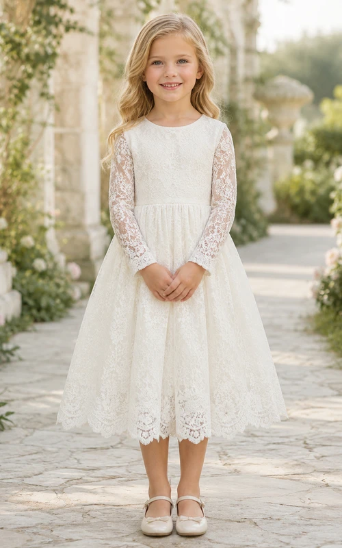 Robe de demoiselle d'honneur en dentelle ivoire et tulle, coupe trapèze, manches longues, col rond, longueur midi