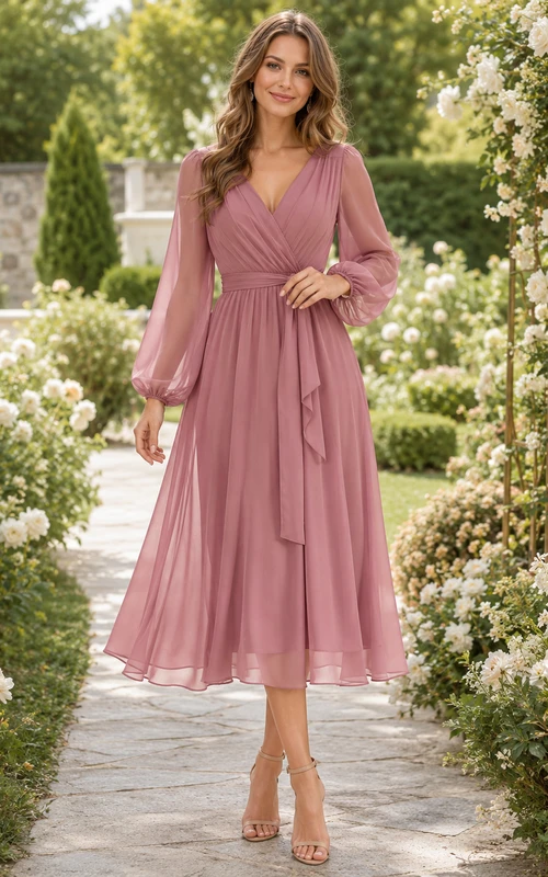 Dusty Rose V Neck Poet Sleeve Chiffon Midi Guest Dress