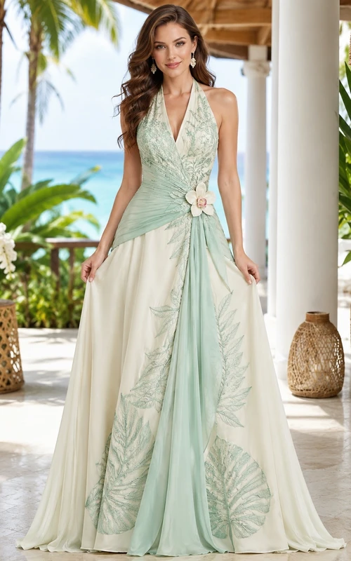 Mint Green Halter Sleeveless Floral Lace A-Line Wedding Dress