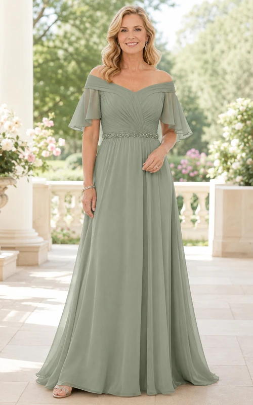 Salbeigrünes schulterfreies Chiffon-Kleid in A-Linie mit flatternden Ärmeln
