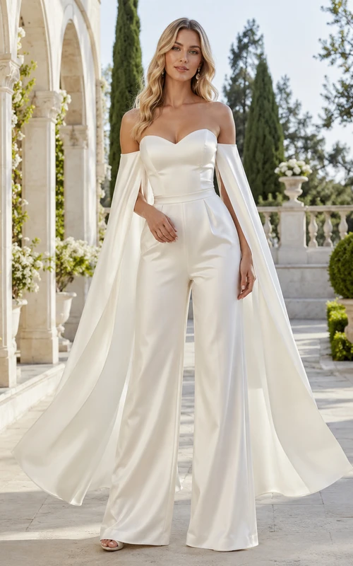 Minimalist Satin Chiffon Wedding Jumpsuit Off Shoulder Sweep Train