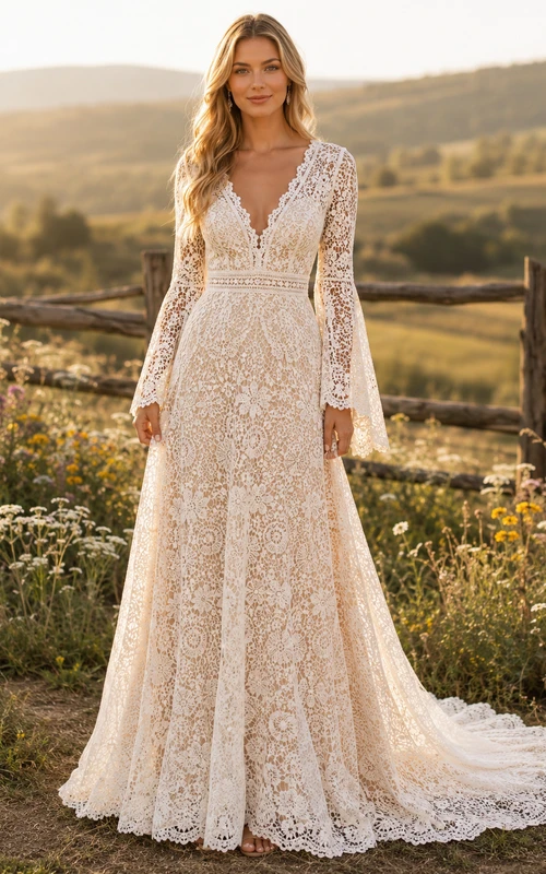 Robe de mariée champêtre en dentelle, coupe trapèze, col en V, manches longues, traîne chapelle