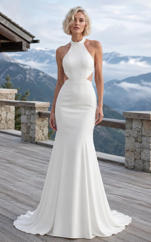 Vestido de novia sencillo de corte sirena con escote alto, espalda descubierta y cola larga, de satén, ideal para fugas románticas.
