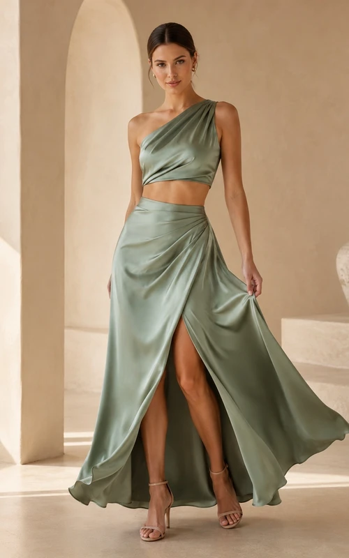 Modern Sage One-Shoulder Satin Two Piece A-Line Floor-Length Split Formal Dress