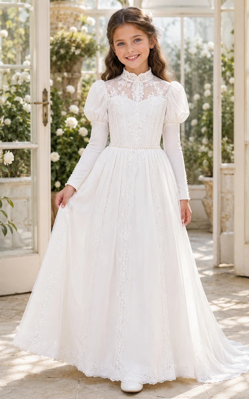 Edwardianisches Kommunionsballkleid mit Puffärmeln und langen Ärmeln aus Spitze