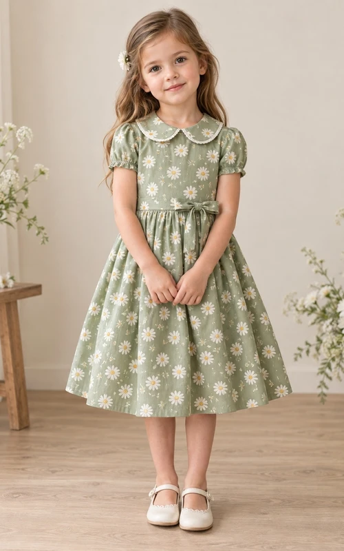 Vintage Tea-length Sage Floral Collared Puff Sleeve Bow Cotton Flower Girl Dress