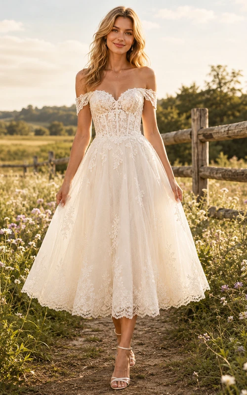 Vestido de novia vintage de encaje y tul, corte en A, hombros descubiertos, manga corta, largo midi, con corsé y cordones en la espalda.
