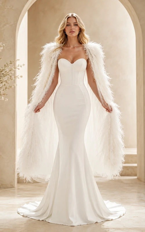 Mermaid Luxury Sweetheart Satin Feather Bridal Classic Wedding Dress