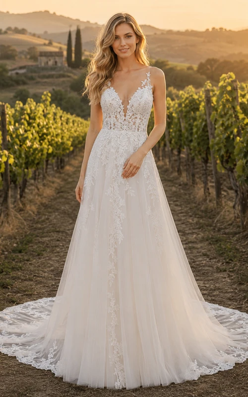Open Back Lace A-Line Vineyard Garden Bridal Gown