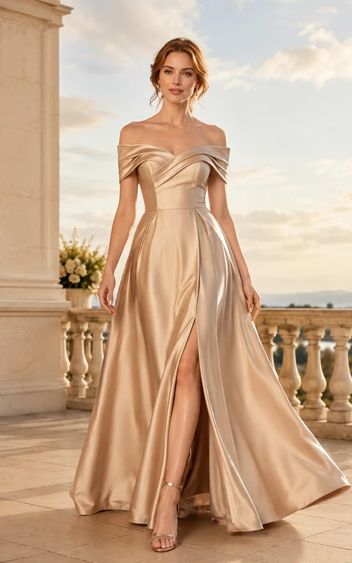 Champagnerfarbenes, schulterfreies, geschlitztes A-Linien-Abendkleid aus Satin für elegante Empfänge