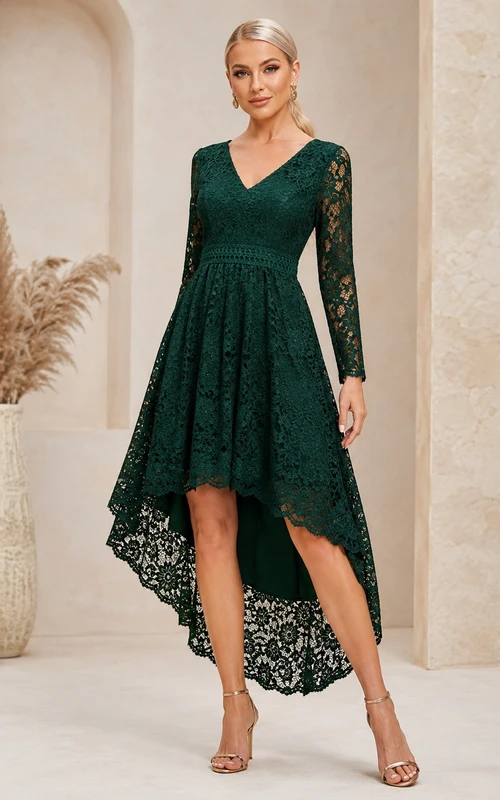Elegant Green Lace A-Line High-Low V-Neck Long Sleeve Formal Dress