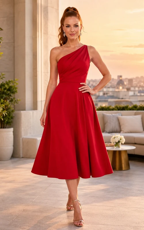Red One-Shoulder Sleeveless Satin A-Line Tea-length Modern Cocktail Dress