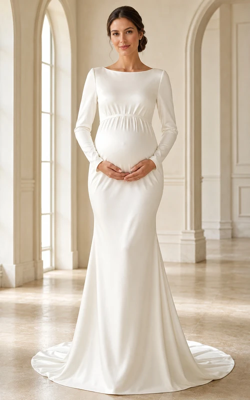 Maternity Minimalist Bateau Long Sleeve Satin Sheath Sweep Train Modest Wedding Dress