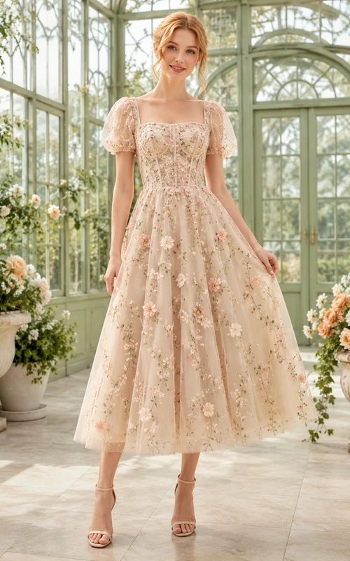 Champagnerfarbenes, romantisches Chiffonkleid in A-Linie mit eckigem Ausschnitt, Puffärmeln und Blumenmuster in Teelänge