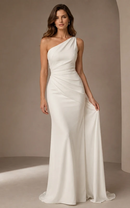 Vestido de novia sencillo de un solo hombro, con cintura drapeada y corte recto hasta el suelo.