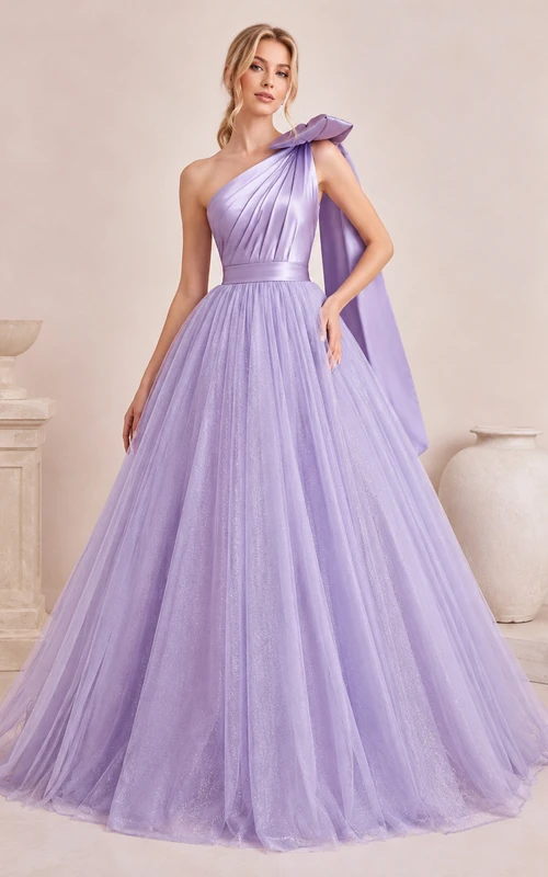 Oversized Shoulder Bow Lavender Ball Gown Floor-length One-Shoulder Sleeveless Tulle Luxury Modern Prom Quinceanera Celebrity Dress