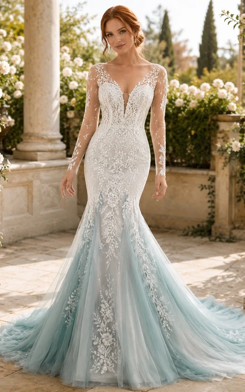 Türkisfarbenes Meerjungfrauen-Brautkleid mit V-Ausschnitt, langen Ärmeln, Tüllspitze und Kapellenschleppe – ein luxuriöses Kleid