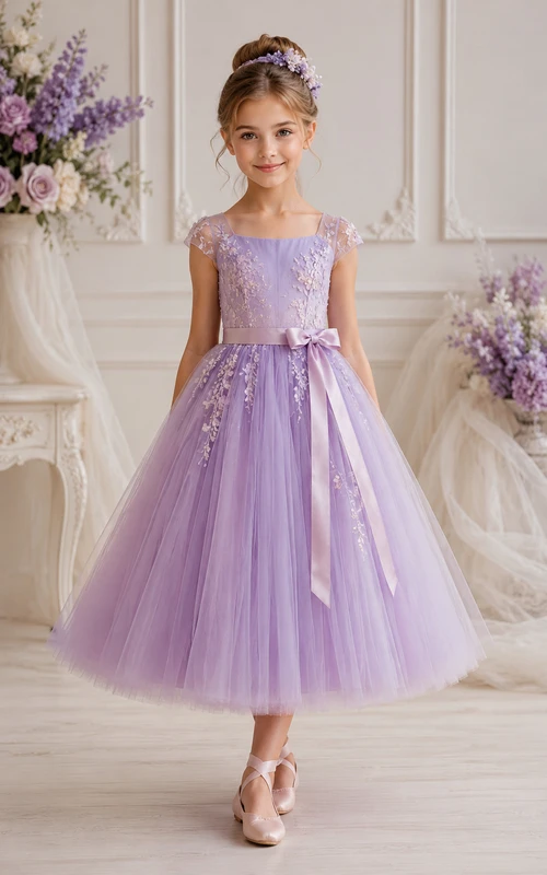 A-line Tea-length Cap Sleeve Tulle Lace Flower Girl Dress with Lavender lace bodice with tea-length tulle skirt