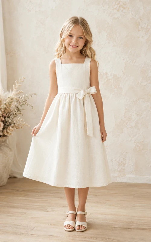 Rustikales Leinenkleid mit eckigem Ausschnitt, ärmellos, Schleife, Teelänge und A-Linien-Schnitt für Gartenblumenmädchen