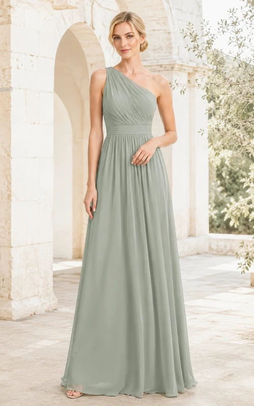 Sage one shoulder pleated chiffon A-line floor gown